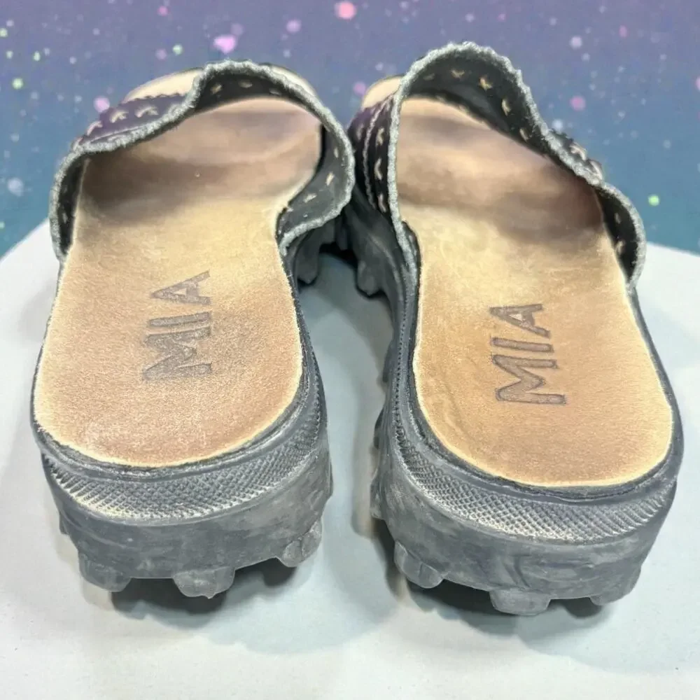 MIA Y2K Chunky Platform Sandals Black Leather Womens 7 Lug Sole Retro Slides